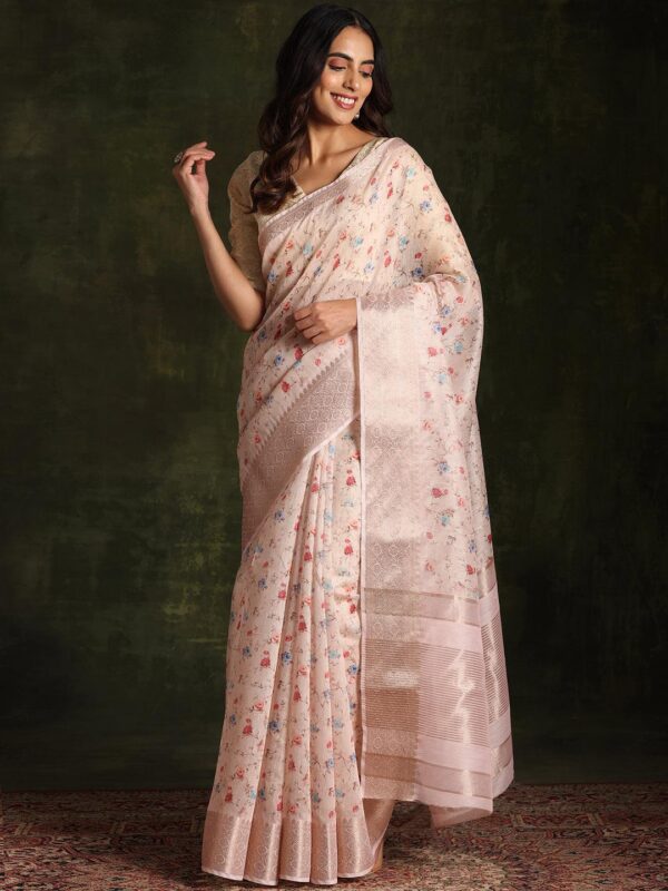 Beige Printed Silk Blend Saree With Unstitched Blouse Piece - Image 5