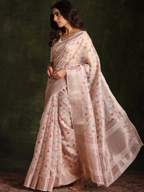 Beige Printed Silk Blend Saree With Unstitched Blouse Piece - Image 4