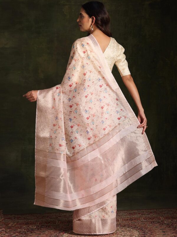 Beige Printed Silk Blend Saree With Unstitched Blouse Piece - Image 3