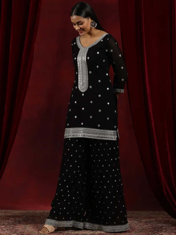 Black Embroidered Georgette Straight Suit With Dupatta - Image 6