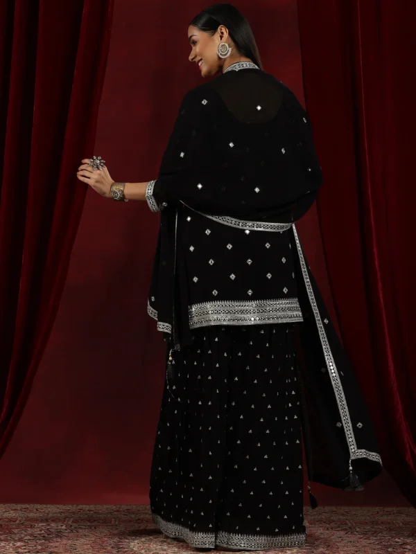 Black Embroidered Georgette Straight Suit With Dupatta - Image 5