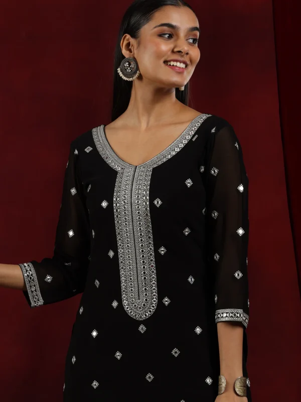 Black Embroidered Georgette Straight Suit With Dupatta