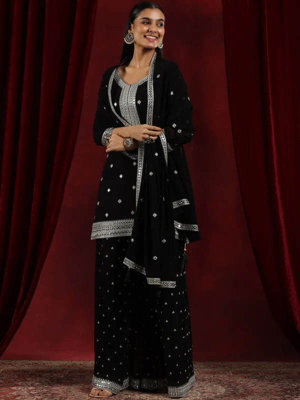 Black Embroidered Georgette Straight Suit With Dupatta - Image 2