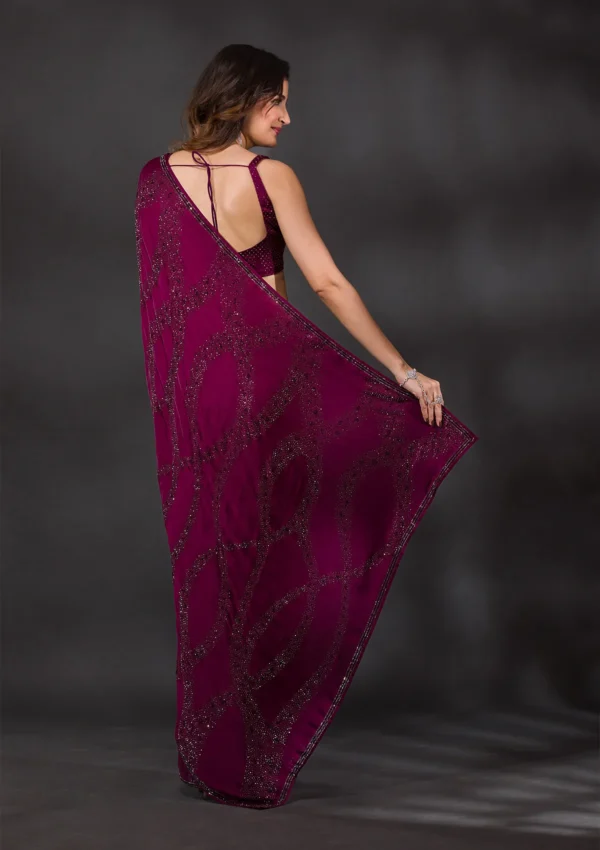 Wine Stonework Satin Designer Saree - Image 9