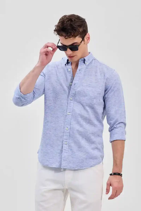 Blue Textured Slim Fit Linen Shirt - Image 7