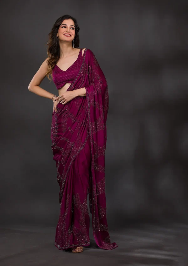 Wine Stonework Satin Designer Saree - Image 8