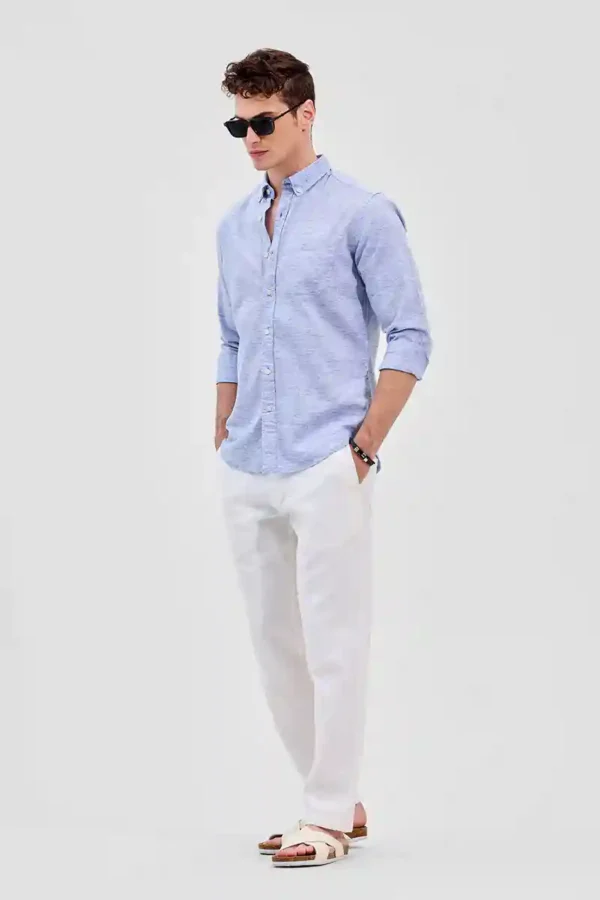 Blue Textured Slim Fit Linen Shirt - Image 6