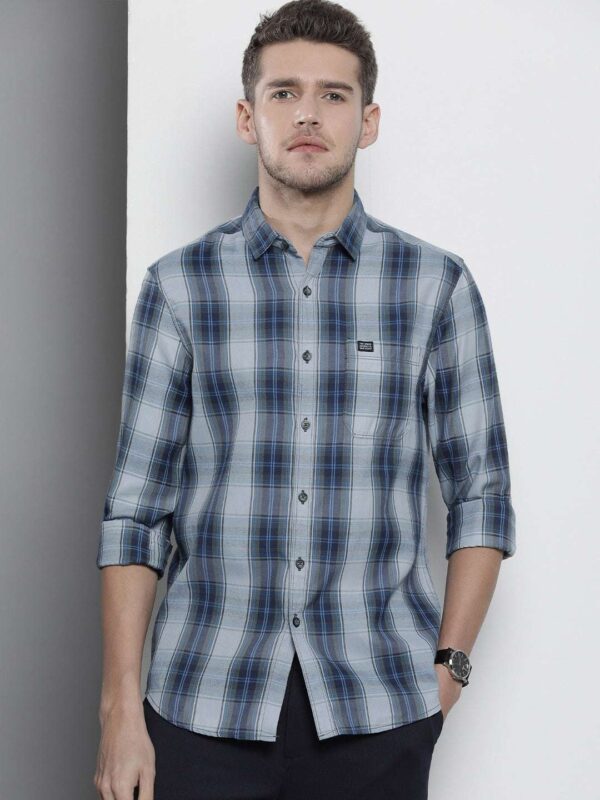 Men's Blue Checked Slim Fit Casual Shirt - Image 3