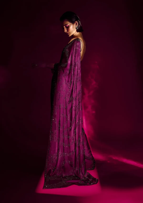 Wine Stonework Satin Designer Saree - Image 7