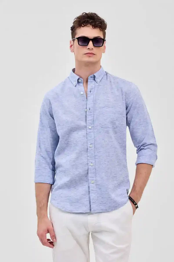 Blue Textured Slim Fit Linen Shirt - Image 5