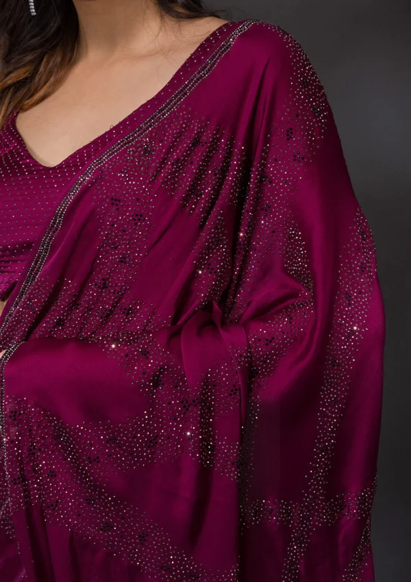 Wine Stonework Satin Designer Saree - Image 6