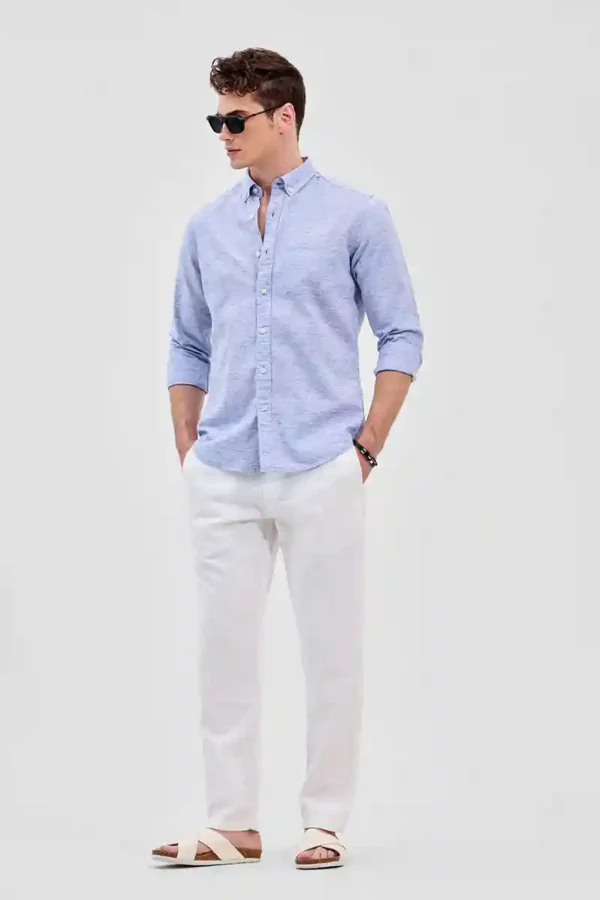 Blue Textured Slim Fit Linen Shirt - Image 4