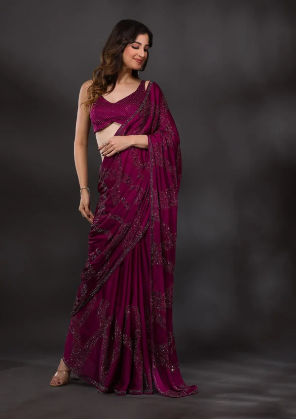 Wine Stonework Satin Designer Saree - Image 5