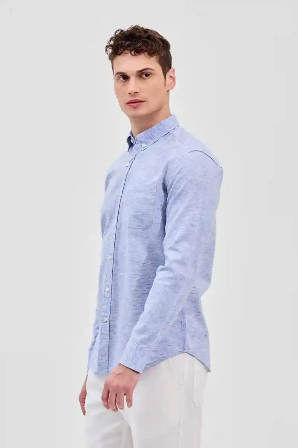 Blue Textured Slim Fit Linen Shirt - Image 3
