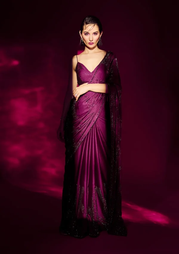 Wine Stonework Satin Designer Saree - Image 4