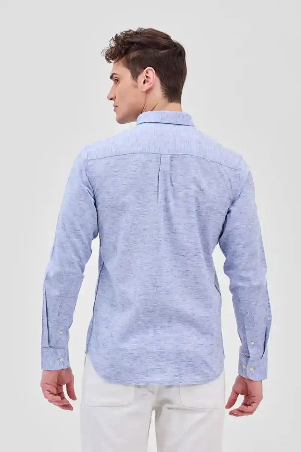 Blue Textured Slim Fit Linen Shirt - Image 2