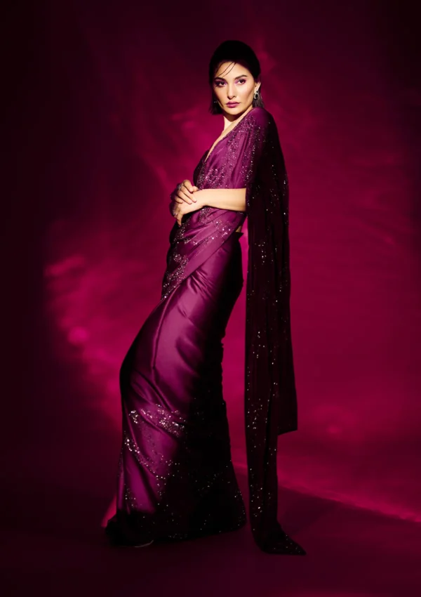 Wine Stonework Satin Designer Saree - Image 3