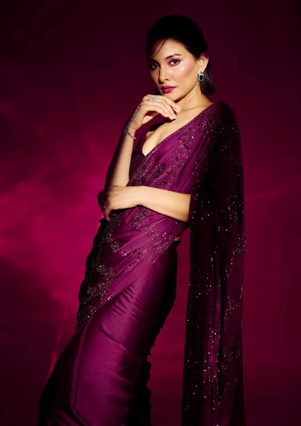 Wine Stonework Satin Designer Saree - Image 2