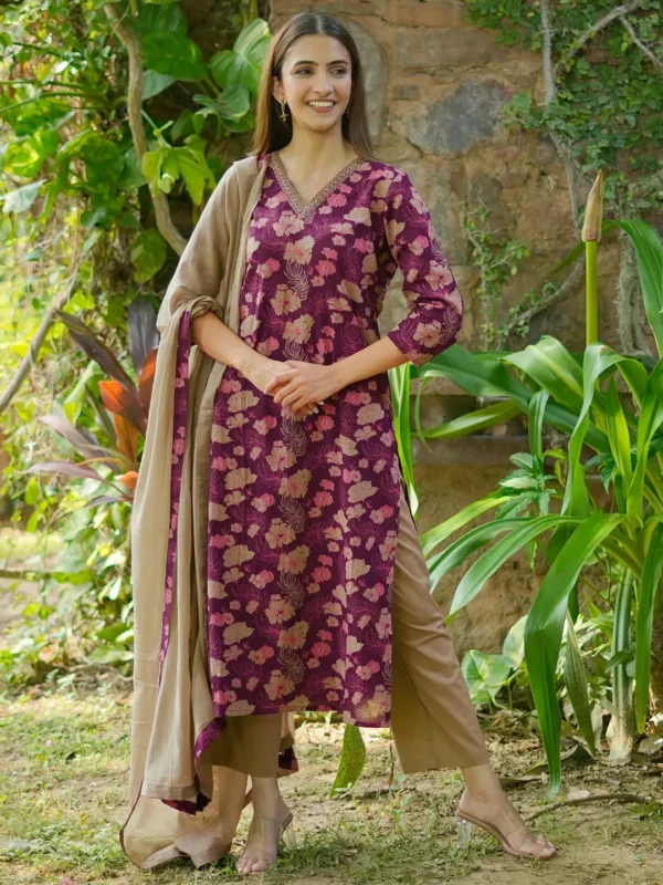 Woman Wine Printed Cotton Straight Suit With Dupatta - Image 7