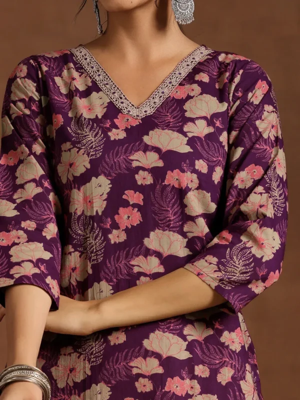 Woman Wine Printed Cotton Straight Suit With Dupatta - Image 4
