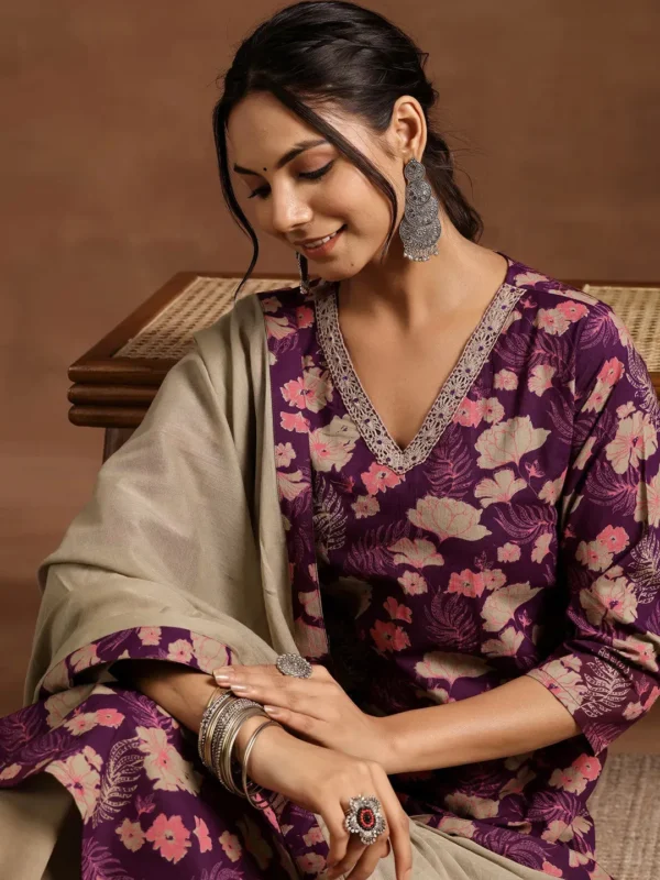Woman Wine Printed Cotton Straight Suit With Dupatta - Image 3