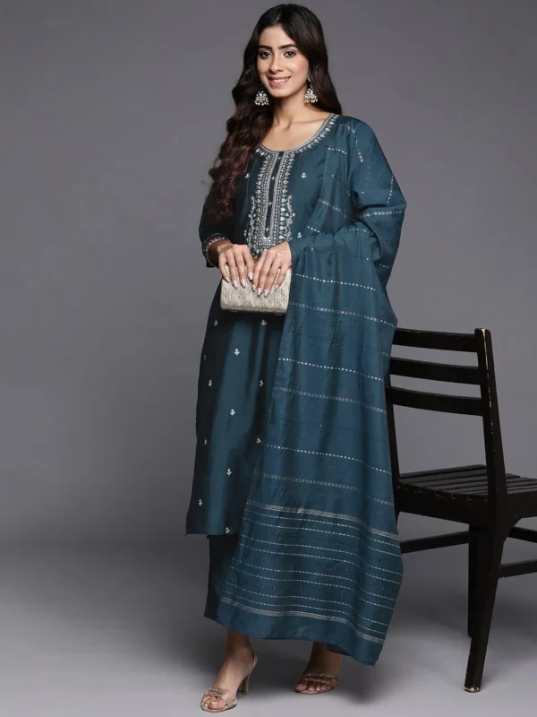 Blue Embroidered Silk Blend Straight Suit With Dupatta - Image 6