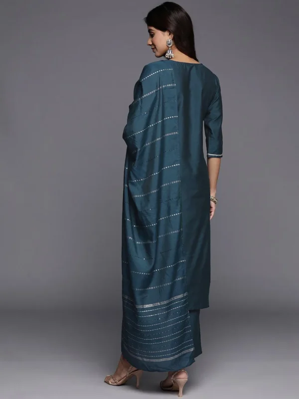 Blue Embroidered Silk Blend Straight Suit With Dupatta - Image 5