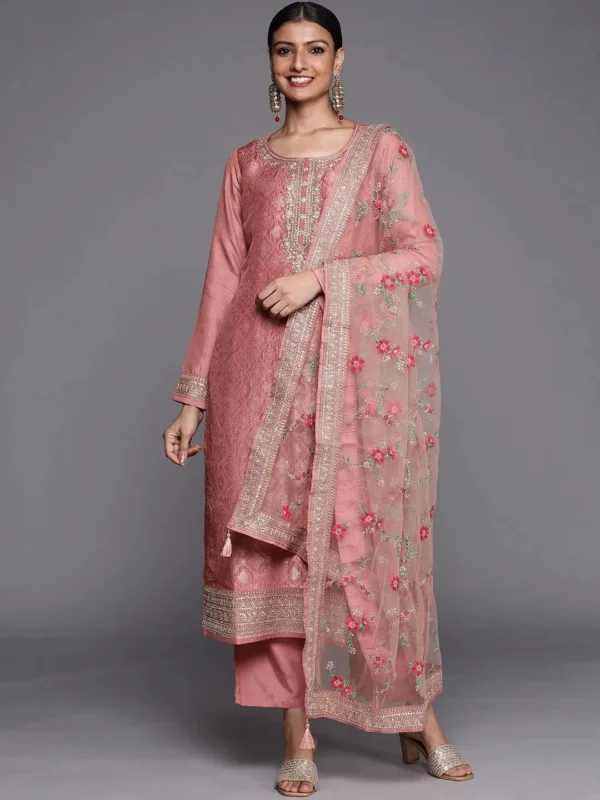 Ladies Peach Self Design Silk Blend Straight Kurta With Dupatta