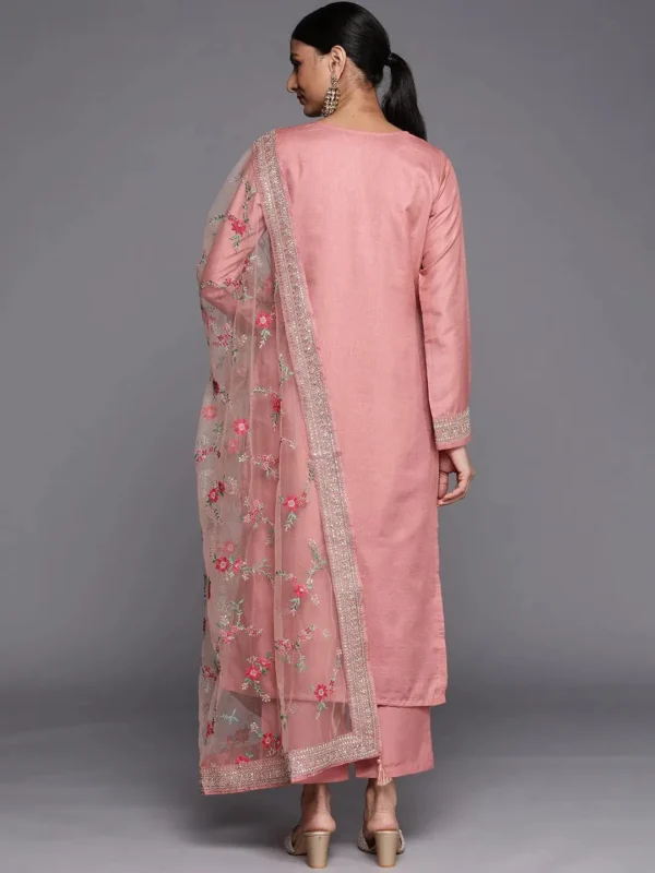 Ladies Peach Self Design Silk Blend Straight Kurta With Dupatta - Image 4