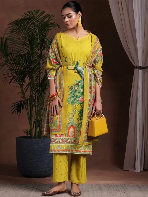 Women Mustard Printed Poly Crepe Straight Suit With Dupatta - Image 7