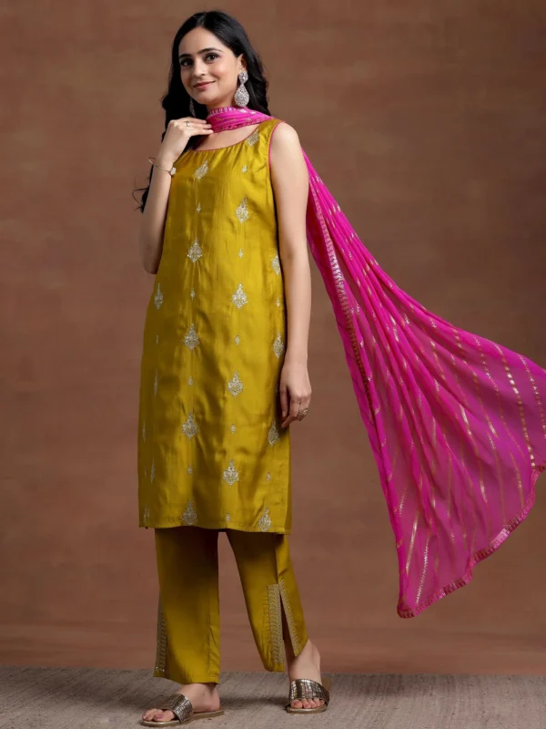 Women Mustard Embroidered Silk Blend Straight Suit With Dupatta