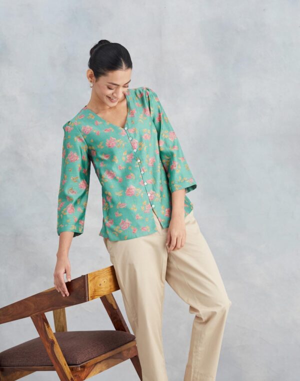 Women Blue Cotton Silk Printed Top - Image 2