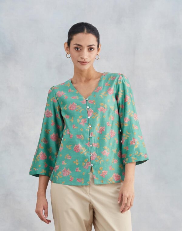 Women Blue Cotton Silk Printed Top