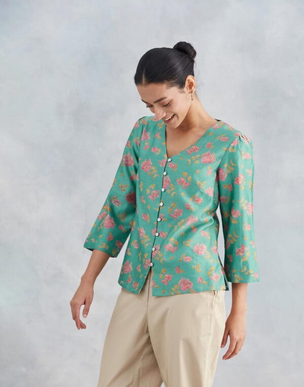 Women Blue Cotton Silk Printed Top - Image 6