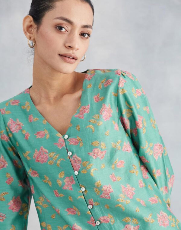 Women Blue Cotton Silk Printed Top - Image 3