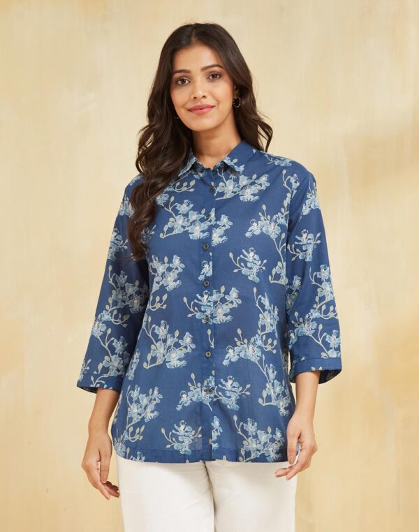 Women Blue Cotton Printed Shirt