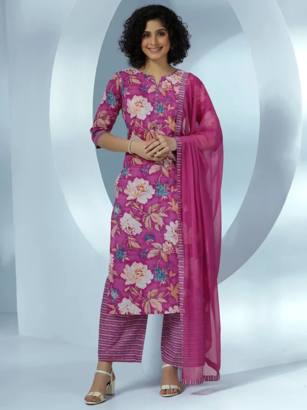 Women Pink Printed Cotton Straight Suit With Dupatta
