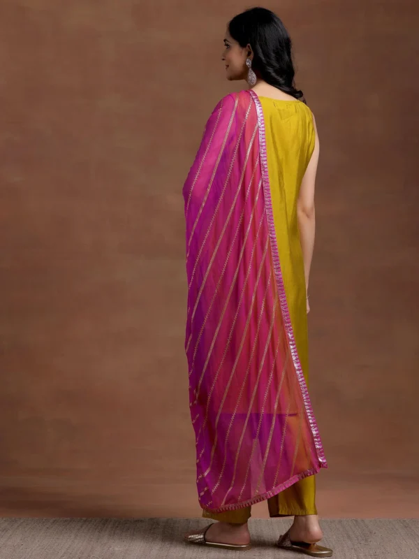 Women Mustard Embroidered Silk Blend Straight Suit With Dupatta - Image 5