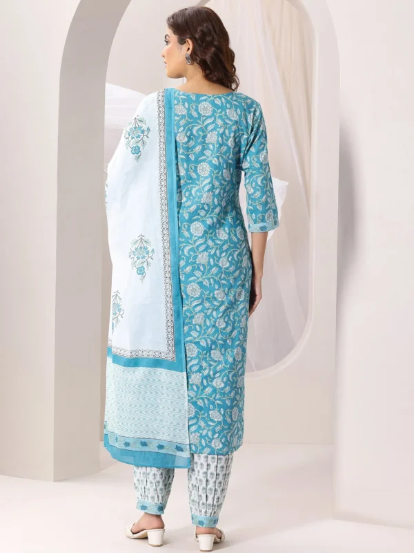 Women Blue Printed Cotton Straight Suit Set With Dupatta - Image 6