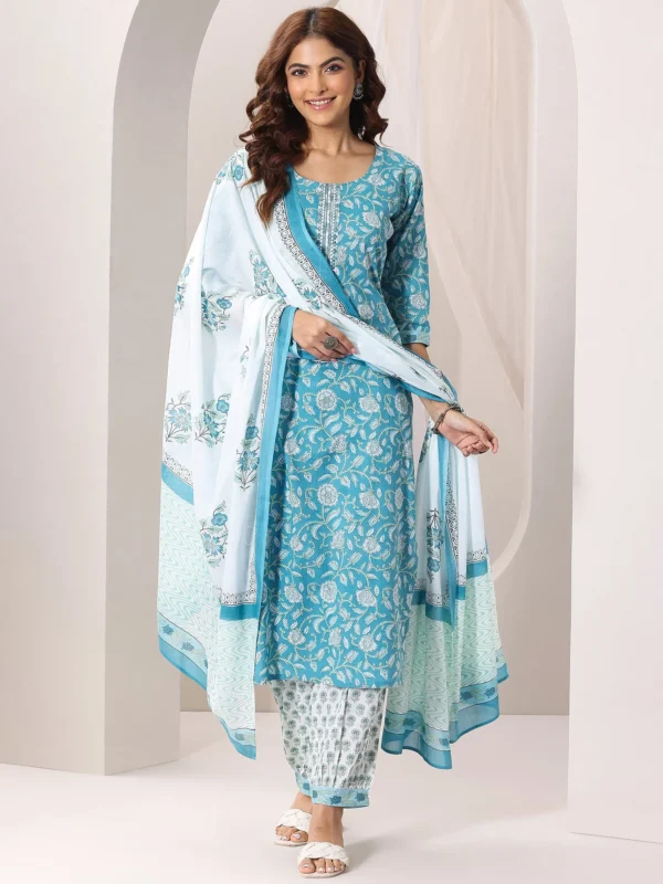 Women Blue Printed Cotton Straight Suit Set With Dupatta - Image 5