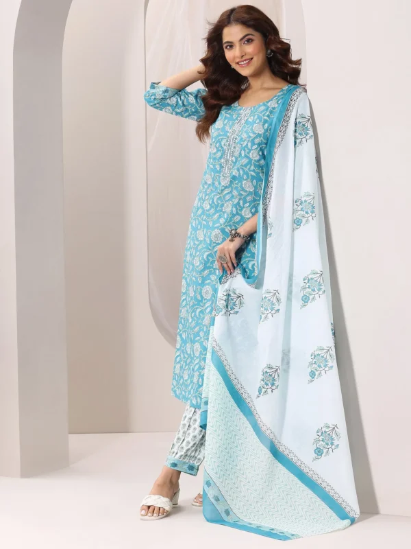 Women Blue Printed Cotton Straight Suit Set With Dupatta