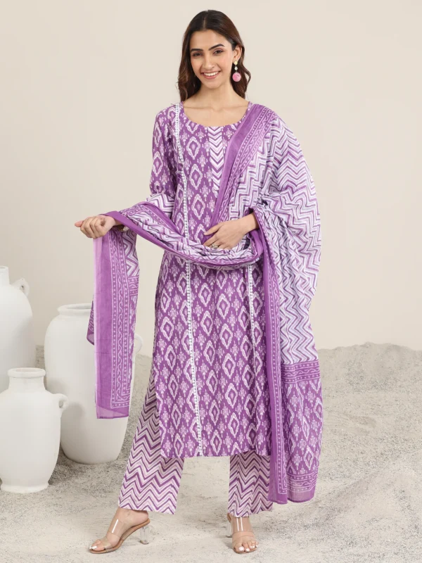 Women Purple Printed Cotton Straight Suit With Dupatta