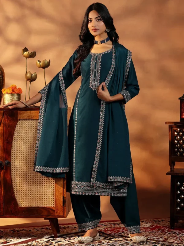 Women Teal Embroidered Silk Blend Straight Suit With Dupatta