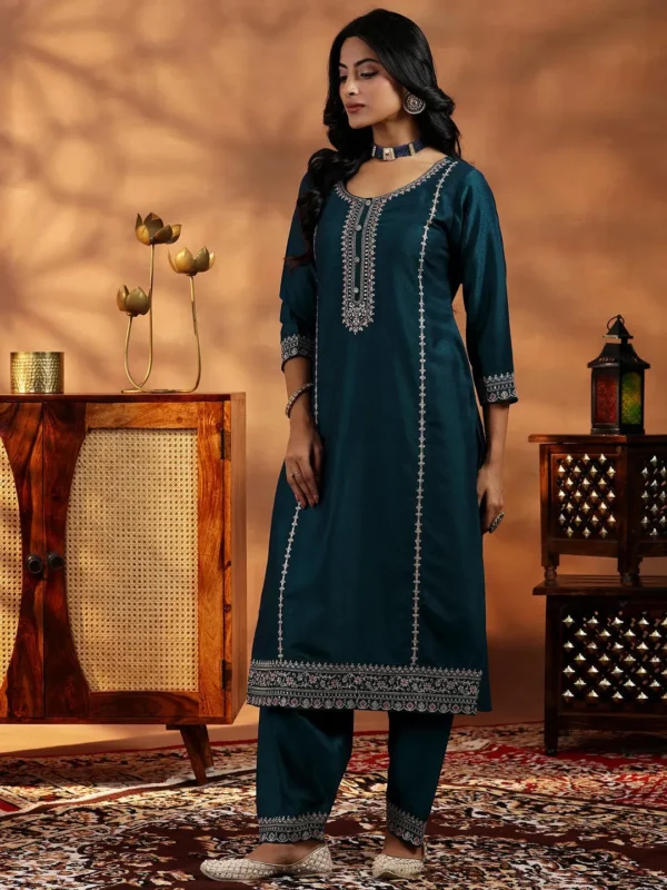Women Teal Embroidered Silk Blend Straight Suit With Dupatta - Image 5
