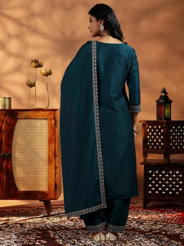Women Teal Embroidered Silk Blend Straight Suit With Dupatta - Image 4