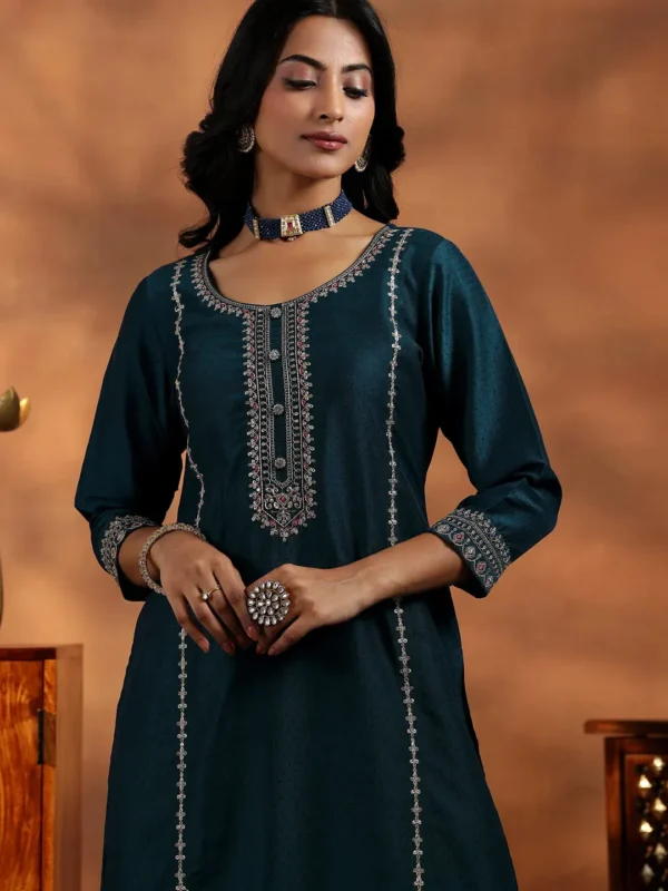 Women Teal Embroidered Silk Blend Straight Suit With Dupatta - Image 2