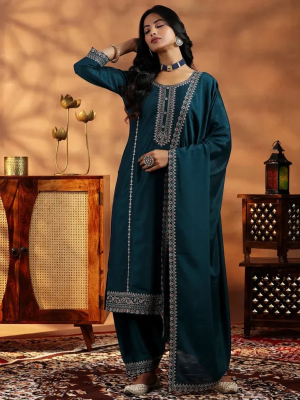 Women Teal Embroidered Silk Blend Straight Suit With Dupatta - Image 7