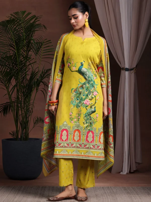Women Mustard Printed Poly Crepe Straight Suit With Dupatta