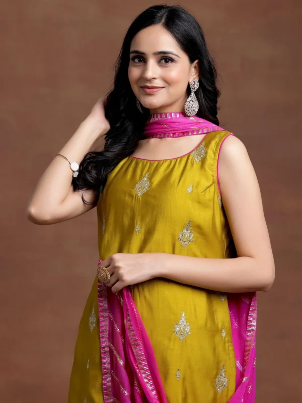 Women Mustard Embroidered Silk Blend Straight Suit With Dupatta - Image 2