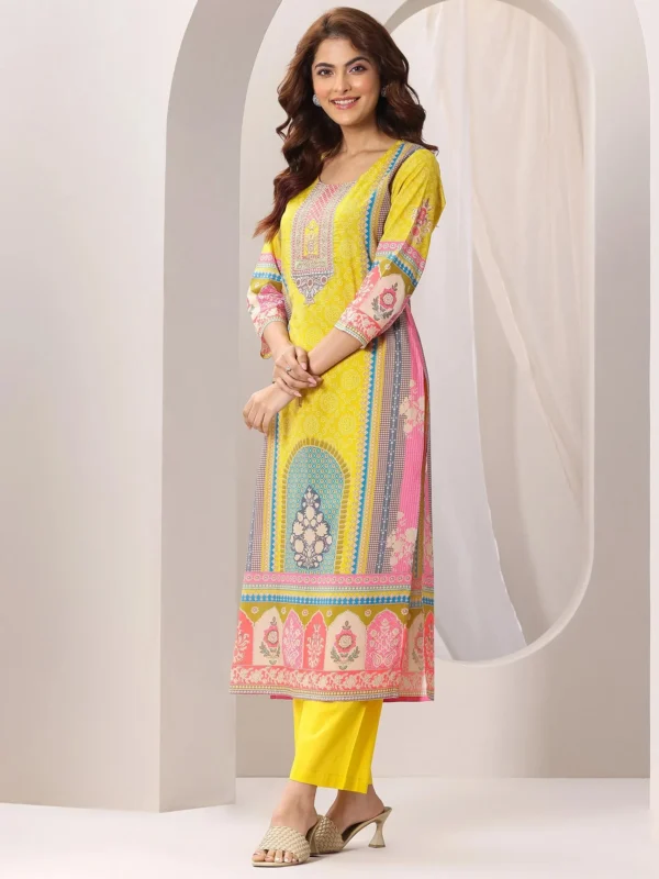 Yellow Printed Cotton Straight Suit Set With Dupatta - Image 7